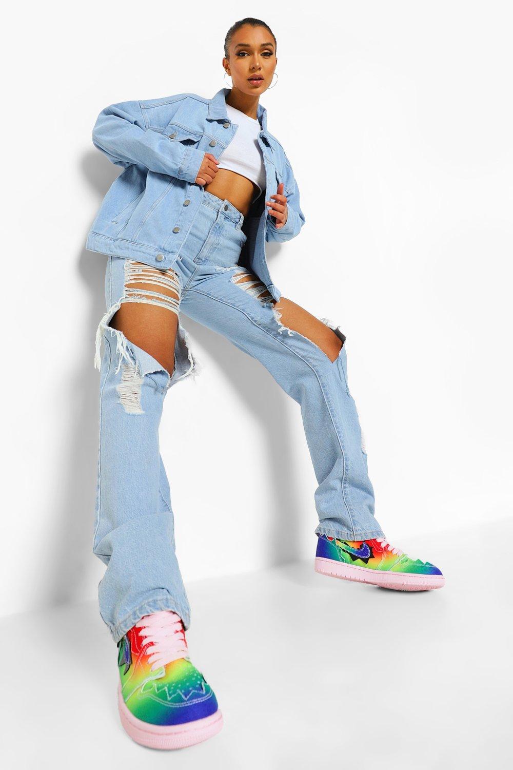 Oversized Holographic Face Denim Jacket boohoo DK